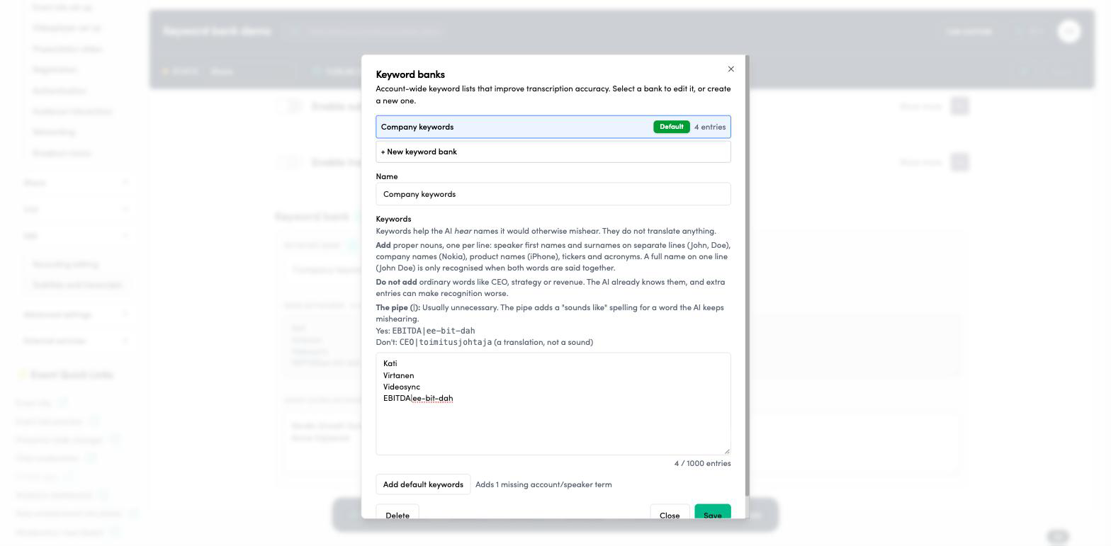 Keyword bank saved as the account default